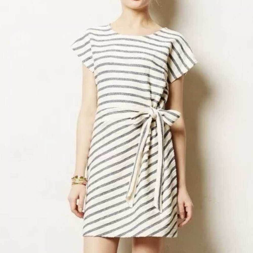 Anthropologie Saturday Sunday Womens Blue Ivory Striped Dress Tie Side